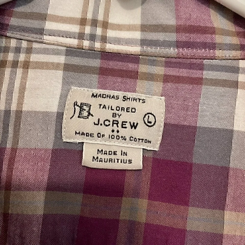 J. CREW Mens Madras Shirts Tailored Purple Gray Plaid Long Sleeve Button Down L